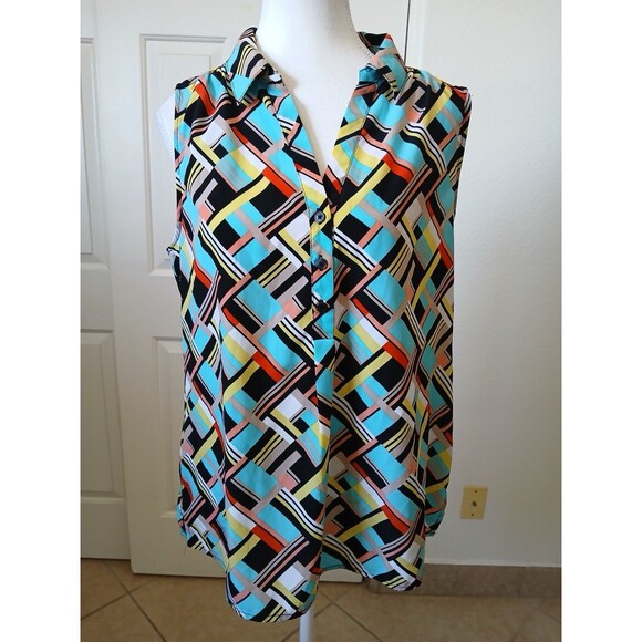 Dana Buchman Women's Sleeveless Top L Multicolor Geometric Print Tank 1/4 Button - Picture 1 of 12